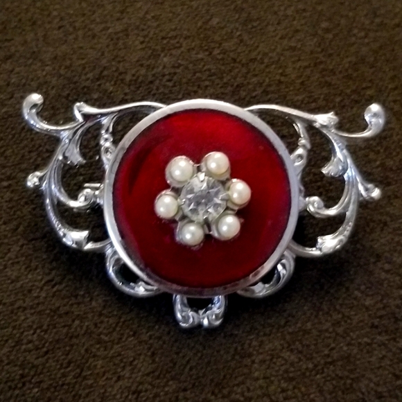 VINTAGE ART DECO STYLE BROOCH / PIN - ENAMEL - FAUX PEARLS & RHINESTONE - Picture 1 of 2